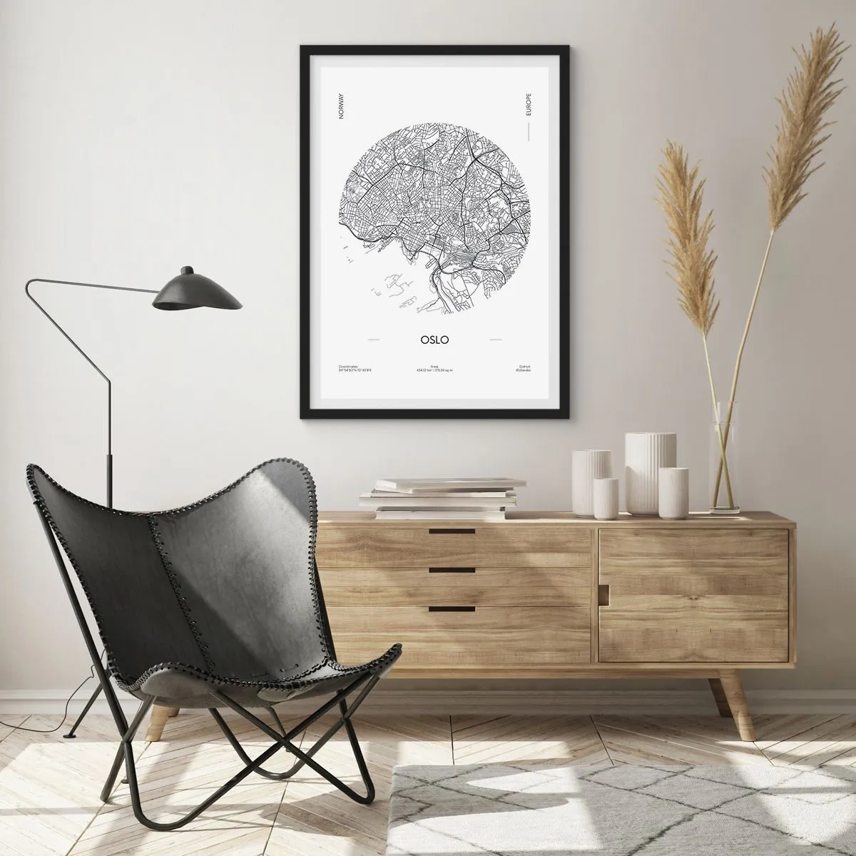 Affiche dans un cadre noir - Poster - Une carte minimaliste en noir et blanc d'Oslo - 50x70cm - Anatomie d’Oslo - Décoration murale moderne pour le salon et la chambre ARTTOR