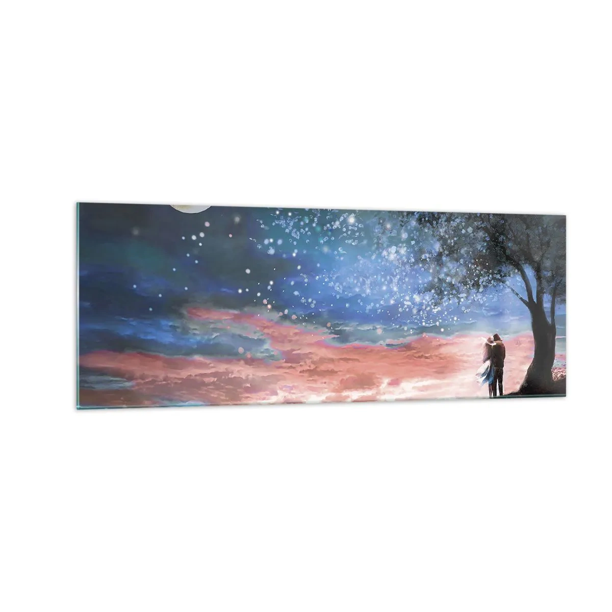Impression sur verre - Image sur verre - Scène de couple romantique sous la pleine lune - 140x50cm - Spectacle étoilé - Décoration murale moderne pour le salon et la chambre ARTTOR