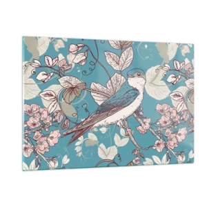 Impression sur verre - Image sur verre - Un oiseau sur une branche parmi des fleurs sur un fond turquoise - 120x80cm - Dans le bois blanc du rouge et de l'argent - Décoration murale moderne pour le salon et la chambre ARTTOR