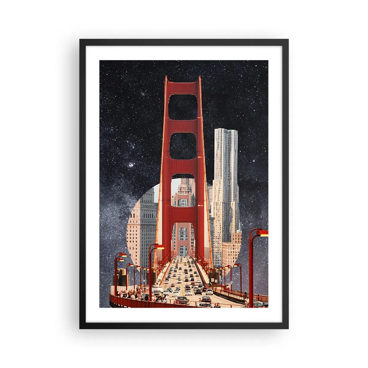 Affiche dans un cadre noir - Poster - Un pont et des gratte-ciels contre le ciel étoilé - 50x70cm - Toujours au centre - Décoration murale moderne pour le salon et la chambre ARTTOR