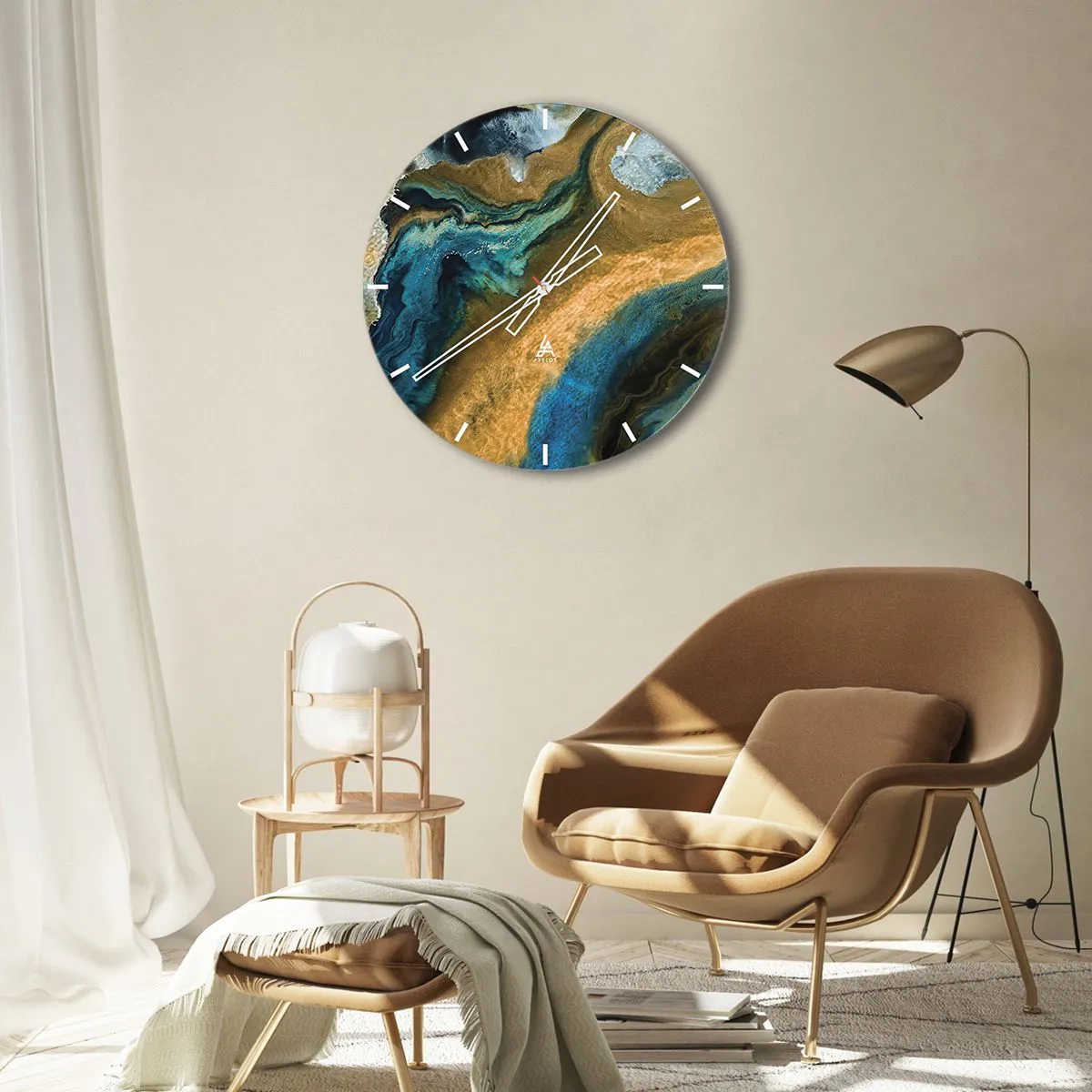 Horloge murale - Pendule murale - Motif abstrait dans les tons de bleu et d'or - 30x30cm - Bleu - jaune - influences mutuelles - Décoration murale moderne pour le salon, la cuisine et la chambre ARTTOR