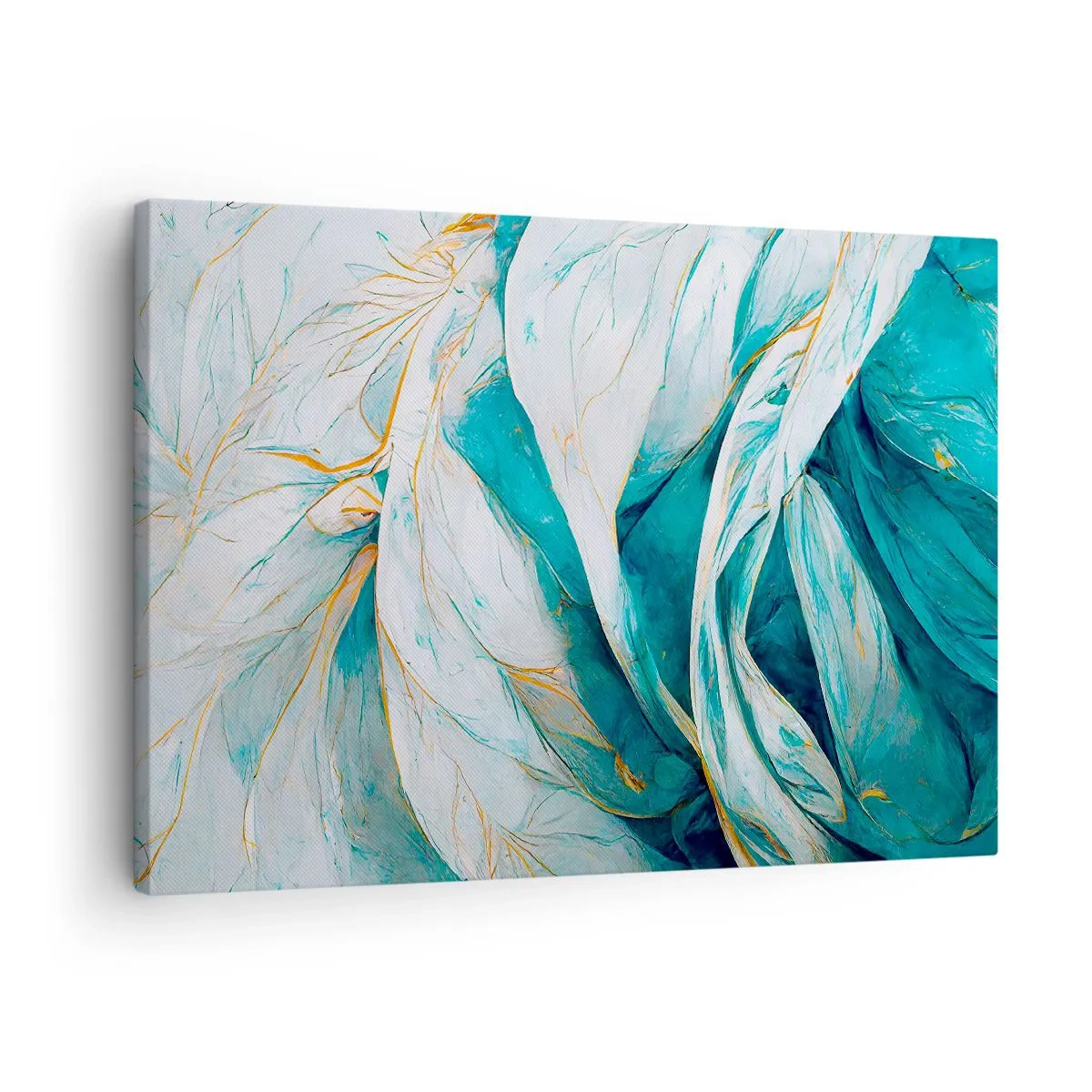 Impression sur toile - Image sur toile - Feuilles bleues abstraites avec des détails dorés - 70x50cm - Abstraction bleue avec un motif doré - Décoration murale moderne pour le salon et la chambre ARTTOR