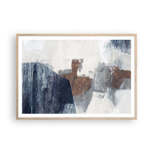 Affiche dans un chêne clair - Poster - Formes bleues et brunes - 100x70 cm