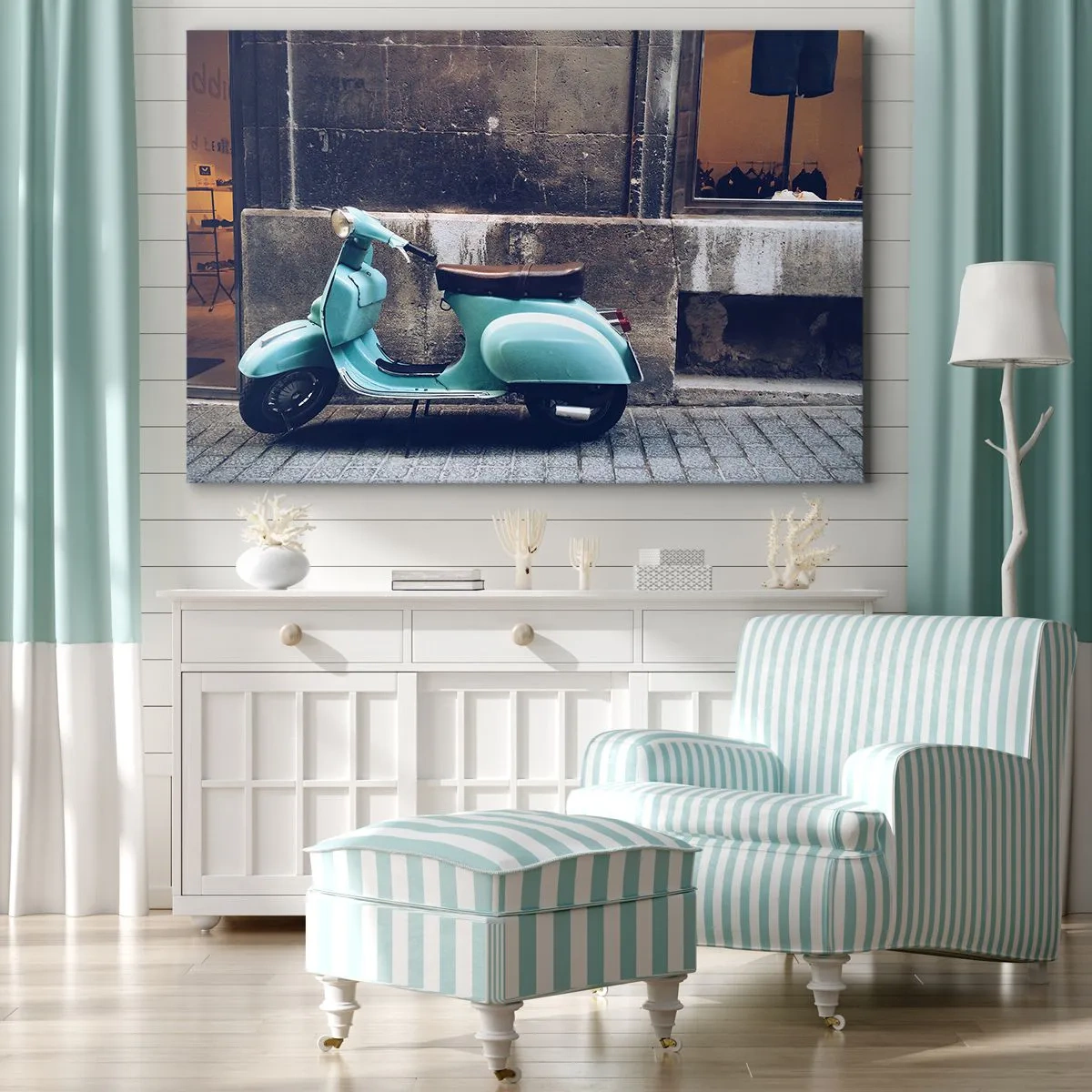 Impression sur toile - Image sur toile - Un scooter rétro garé contre un mur de pierre - 120x80cm - Ambiance inoubliable - Décoration murale moderne pour le salon et la chambre ARTTOR