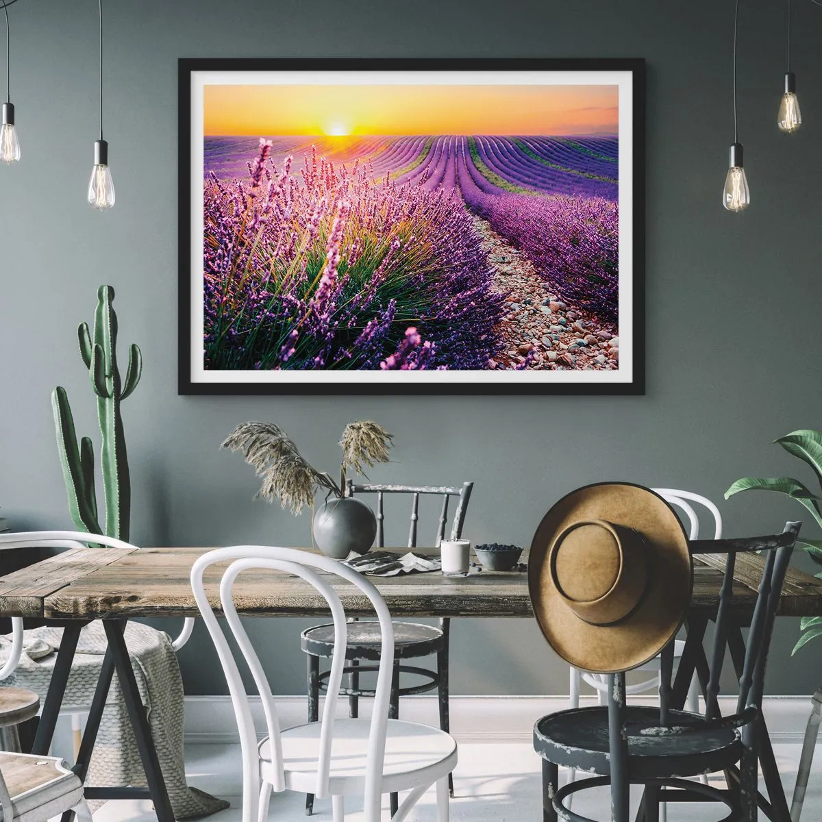 Affiche dans un cadre noir - Poster - Champ de lavande au coucher du soleil - 70x50cm - Tige parfumée - Décoration murale moderne pour le salon et la chambre ARTTOR