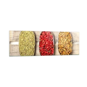 Impression sur verre - Image sur verre - Trois cuillères en métal avec des épices sur un fond en bois - 160x50cm - Magie de la cuisine - Décoration murale moderne pour le salon et la chambre ARTTOR