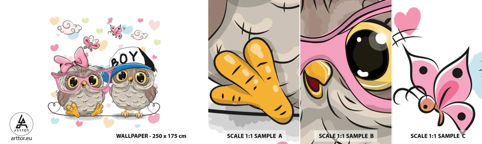 Échantillon de Papier Peint Autocollant Deluxe Sticker - On s'aime! - Pour les enfants, Hibou, Papillon - 100x30 cm