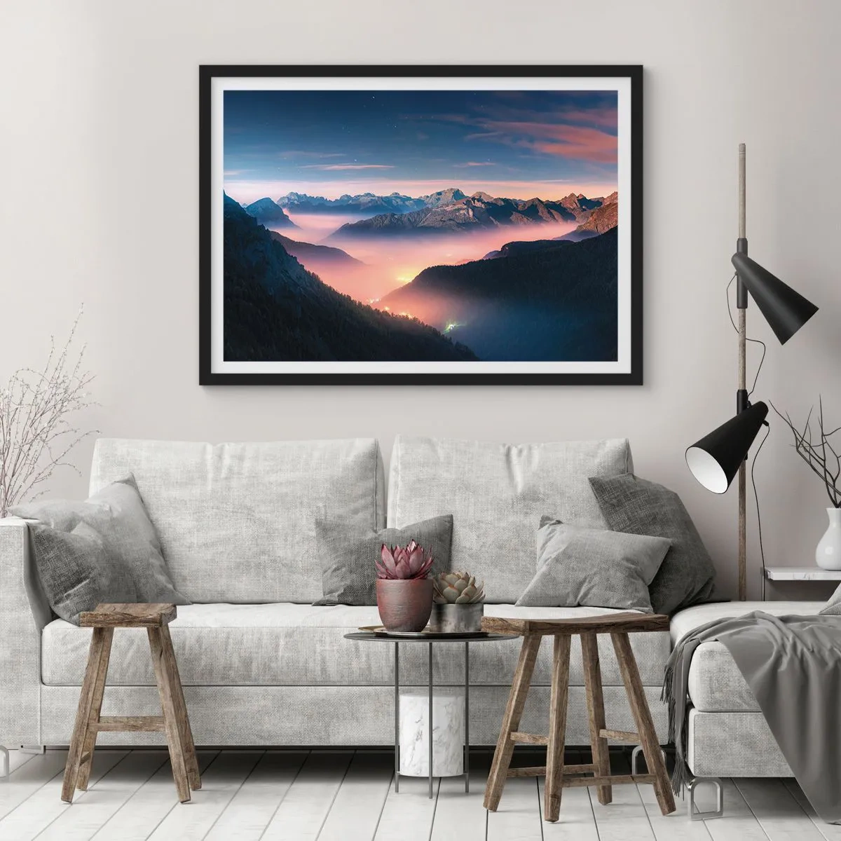 Affiche dans un cadre noir - Poster - Lumière dans les vallées - 50x40 cm