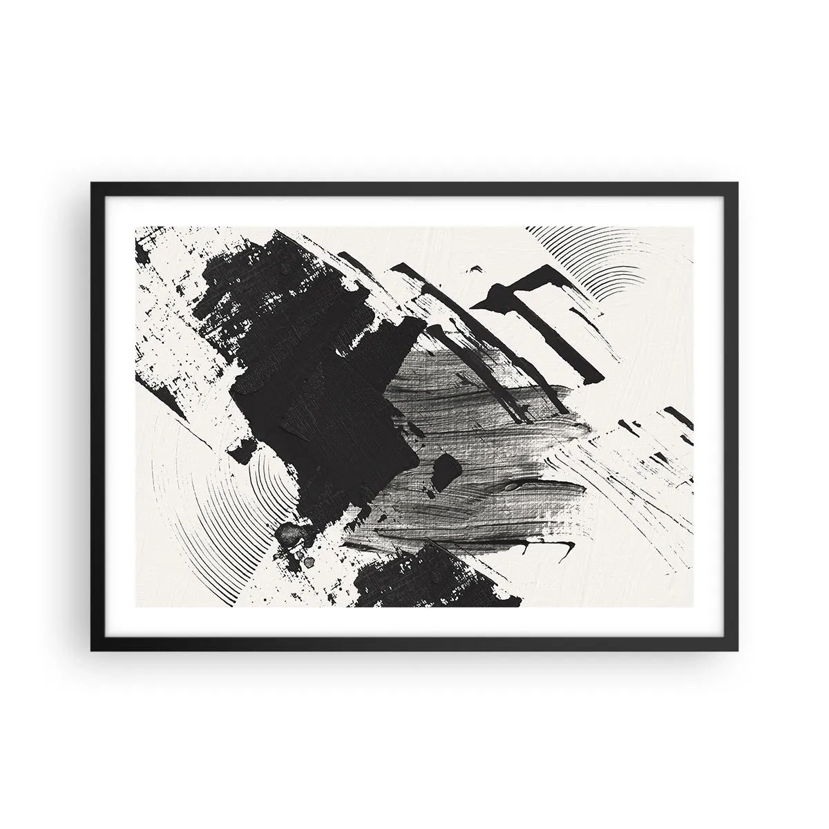 Affiche dans un cadre noir - Poster - Traits abstraits de noir sur fond blanc - 70x50cm - Abstraction – expression du noir - Décoration murale moderne pour le salon et la chambre ARTTOR