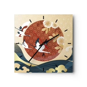 Horloge murale - Pendule murale - Composition japonaise avec des grues et des vagues - 30x30cm - Conte japonnais - Décoration murale moderne pour le salon et la chambre ARTTOR