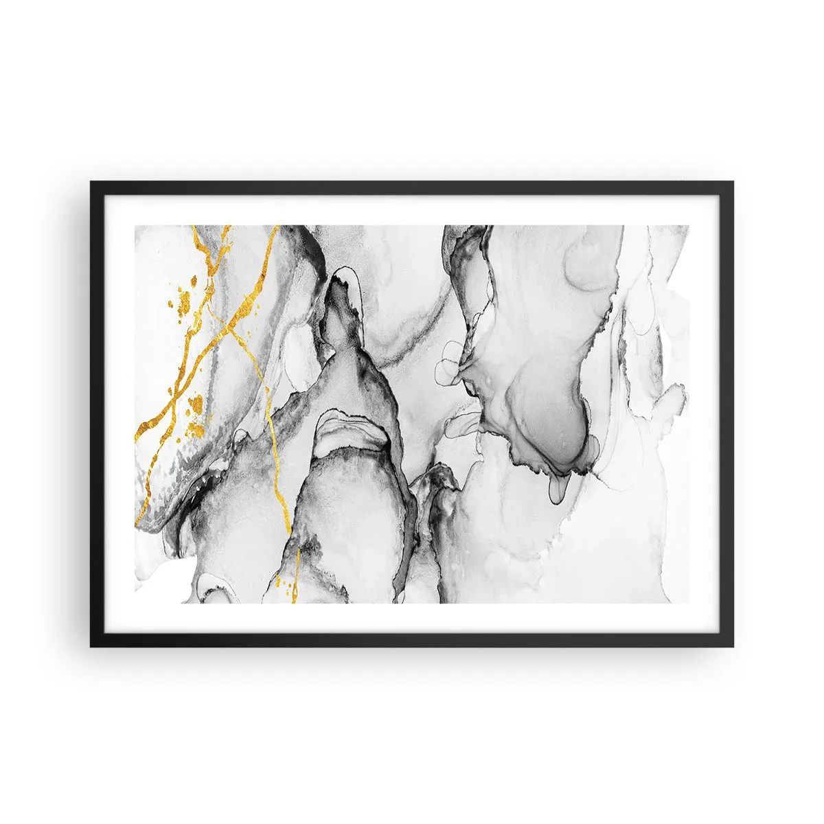 Affiche dans un cadre noir - Poster - Motifs abstraits en noir et blanc avec des accents dorés - 70x50cm - Composition à motif or - Décoration murale moderne pour le salon et la chambre ARTTOR