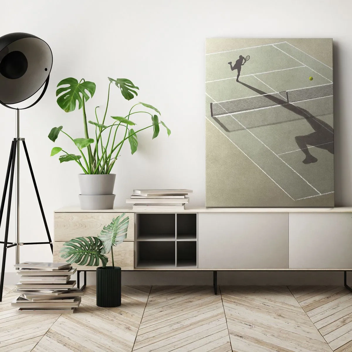 Impression sur toile - Image sur toile - L'ombre d'un joueur de tennis sur le court pendant un match de tennis - 80x120cm - Dépassement de soi - Décoration murale moderne pour le salon et la chambre ARTTOR