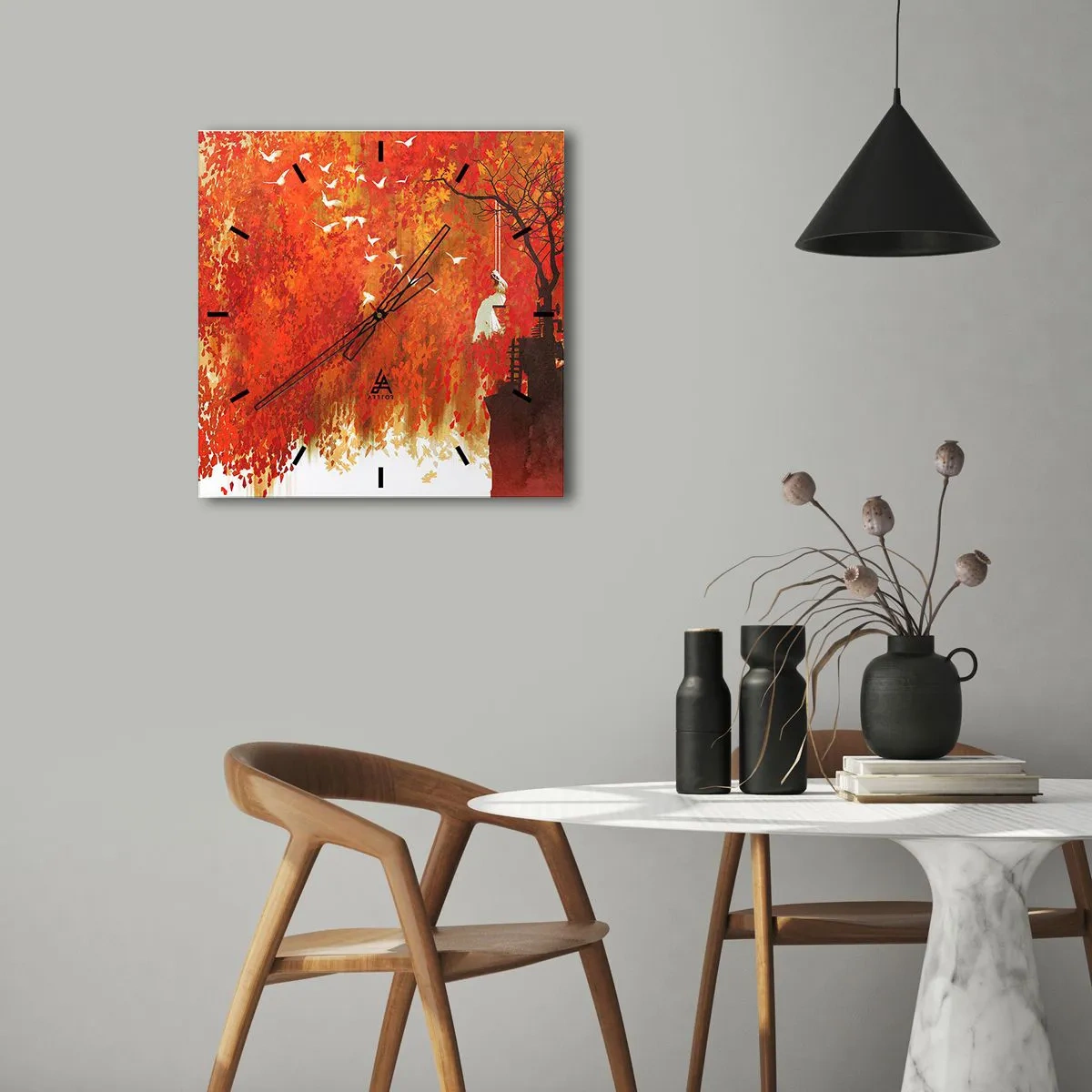 Horloge murale - Pendule murale - Une silhouette sur une balançoire près d'un arbre entouré de feuilles rouges - 30x30cm - S'envolera-t-il avec eux ? - Décoration murale moderne pour le salon et la chambre ARTTOR