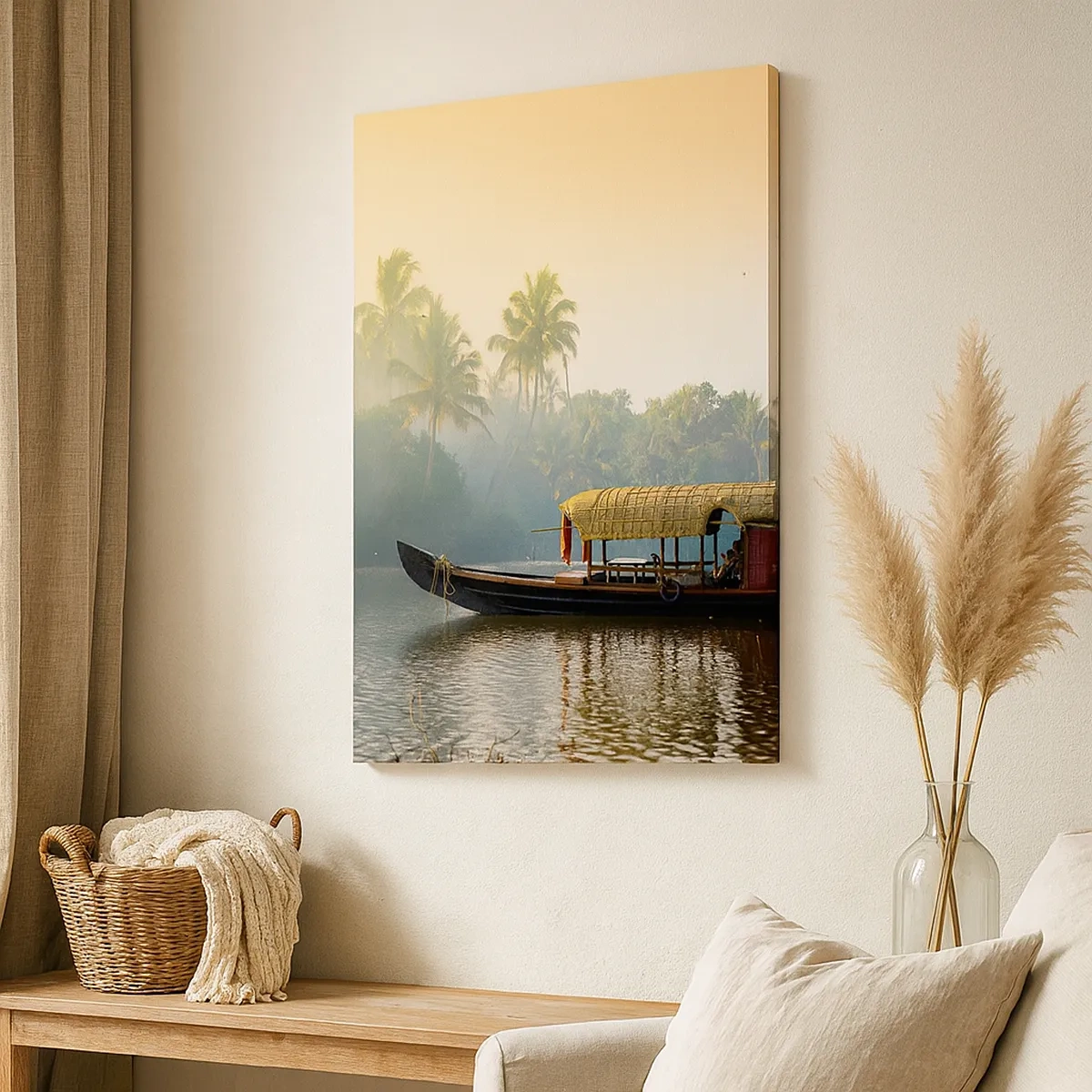 Impression sur toile - Image sur toile - Un bateau traditionnel sur une rivière calme parmi les palmiers - 50x70cm - Maison sur la rivière - Décoration murale moderne pour le salon et la chambre ARTTOR