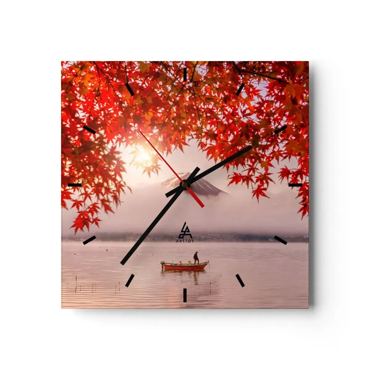 Horloge murale - Pendule murale - Un bateau sur un lac entouré de feuilles d'érable rouges - 30x30cm - Dans le climat japonais - Décoration murale moderne pour le salon et la chambre ARTTOR