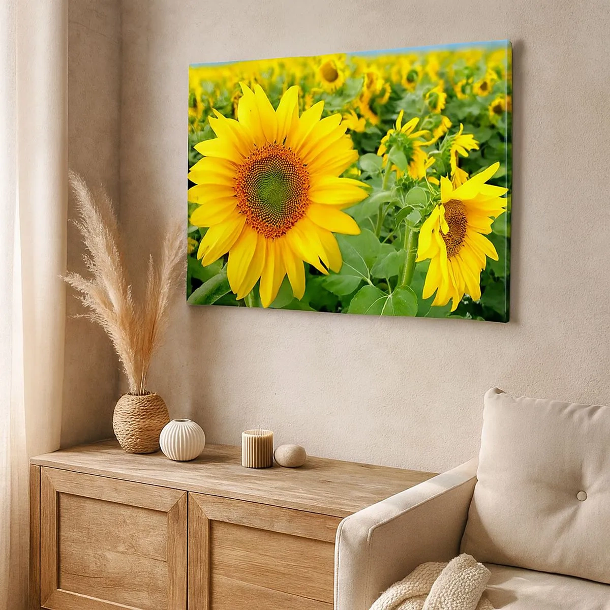 Impression sur toile - Image sur toile - Un champ de tournesols aux fleurs jaunes sur fond de feuilles vertes - 70x50cm - Des centaines de soleils se sont embrasés - Décoration murale moderne pour le salon et la chambre ARTTOR