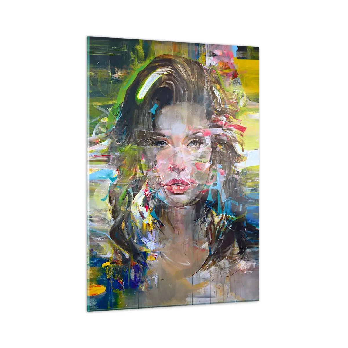 Impression sur verre - Image sur verre - Portrait abstrait d'une femme avec un arrière-plan dynamique - 50x70cm - Derrière l'air, un rideau - Décoration murale moderne pour le salon et la chambre ARTTOR