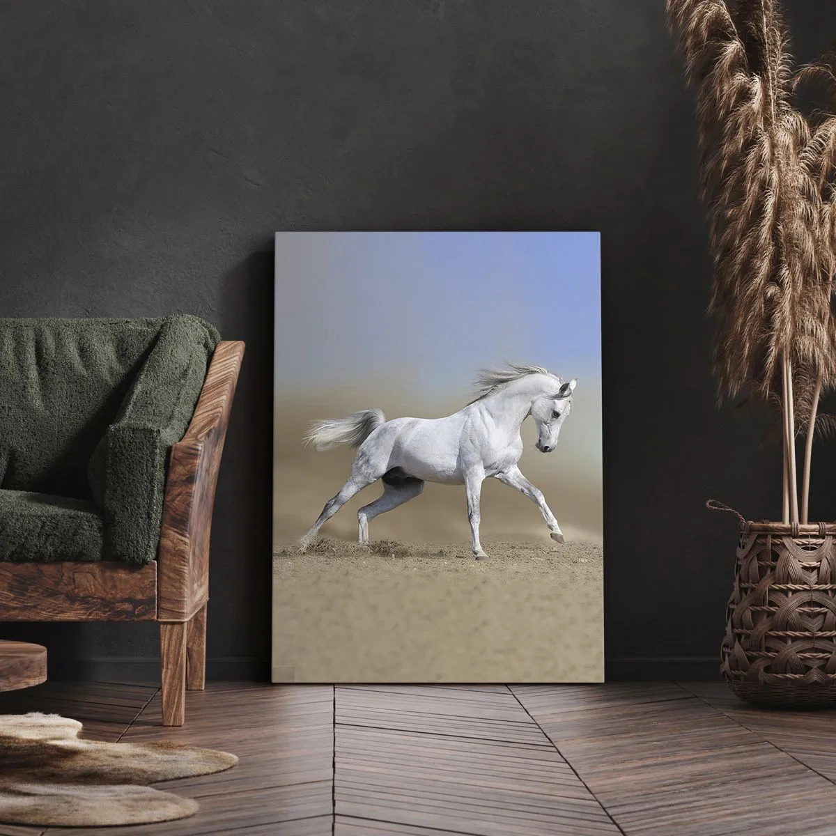 Impression sur toile - Image sur toile - Un cheval blanc galopant à travers un paysage désertique - 50x70cm - Le plus beau conte de fées arabe - Décoration murale moderne pour le salon et la chambre ARTTOR