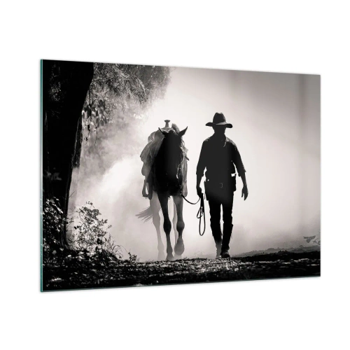 Impression sur verre - Image sur verre - Silhouette d'un cow-boy conduisant un cheval à travers un paysage brumeux - 100x70cm - Matinée texane - Décoration murale moderne pour le salon et la chambre ARTTOR