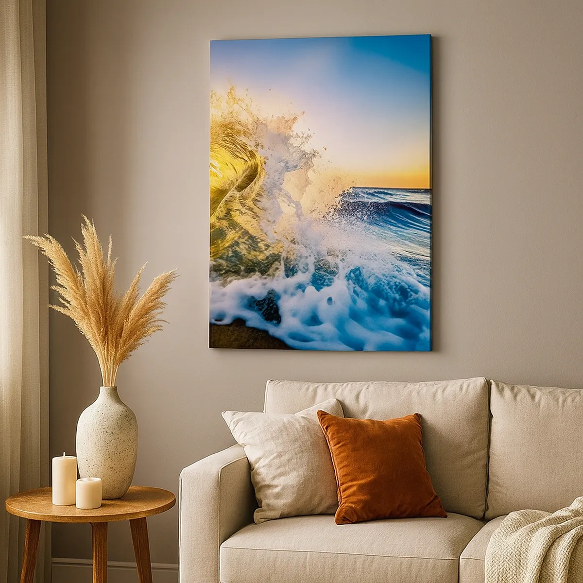 Impression sur toile - Image sur toile - Une vague dorée sur fond de soleil couchant - 50x70cm - S'amuser dans le sable - Décoration murale moderne pour le salon et la chambre ARTTOR