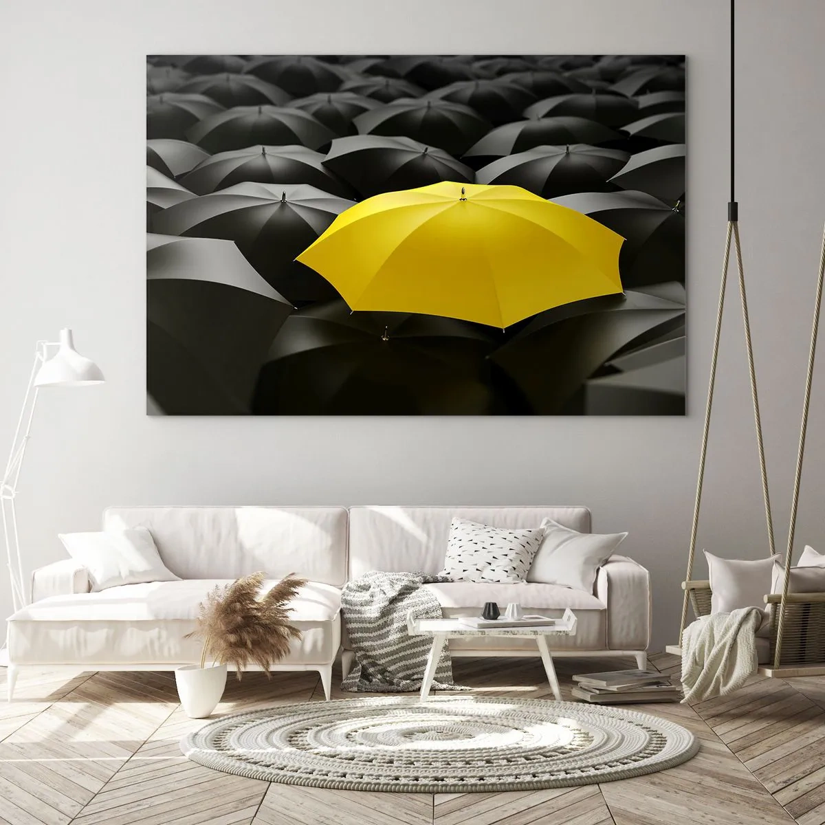 Impression sur verre - Image sur verre - Un parapluie jaune se détachant parmi les noirs - 120x80cm - Adieu chagrin - Décoration murale moderne pour le salon et la chambre ARTTOR