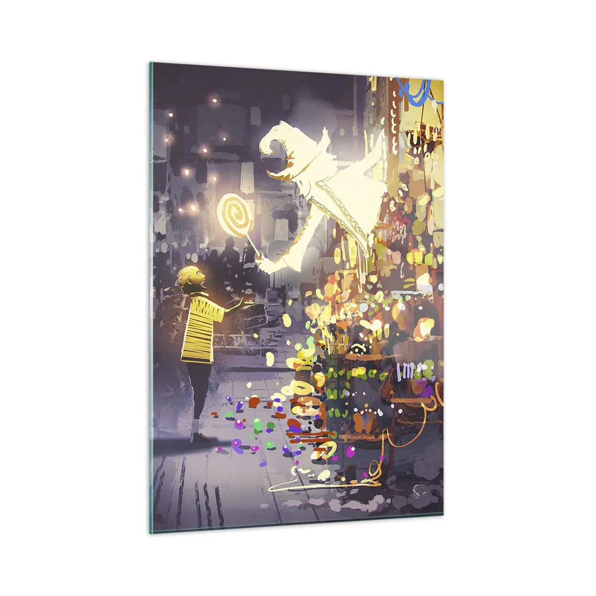 Impression sur verre - Image sur verre - Un enfant en t-shirt léger devant un stand lumineux rempli de bonbons colorés - 50x70cm - La magie existe - Décoration murale moderne pour le salon et la chambre ARTTOR