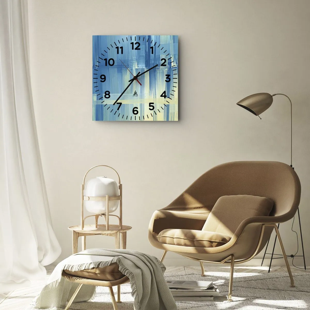 Horloge murale - Pendule murale - Une peinture abstraite dans des tons turquoise et bleu avec des coups de pinceau géométriques. - 30x30cm - Composition en turquoise - Décoration murale moderne pour le salon et la chambre ARTTOR