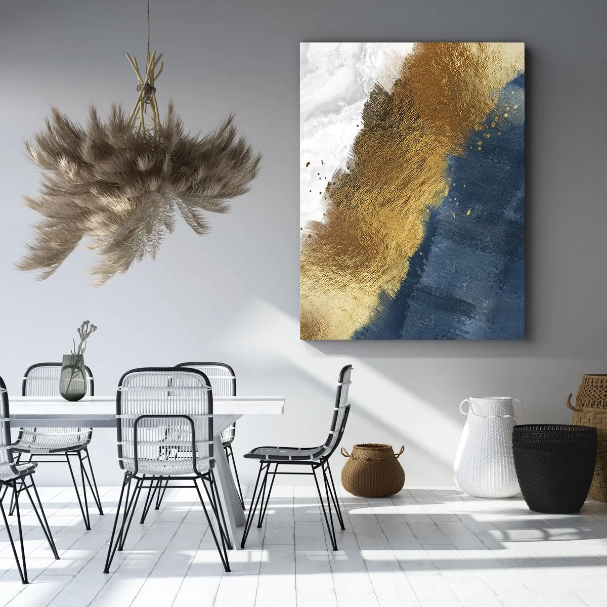 Impression sur toile - Image sur toile - Une composition abstraite dans des tons d'or, de bleu et de blanc. - 50x70cm - Les couleurs de l’été - Décoration murale moderne pour le salon et la chambre ARTTOR
