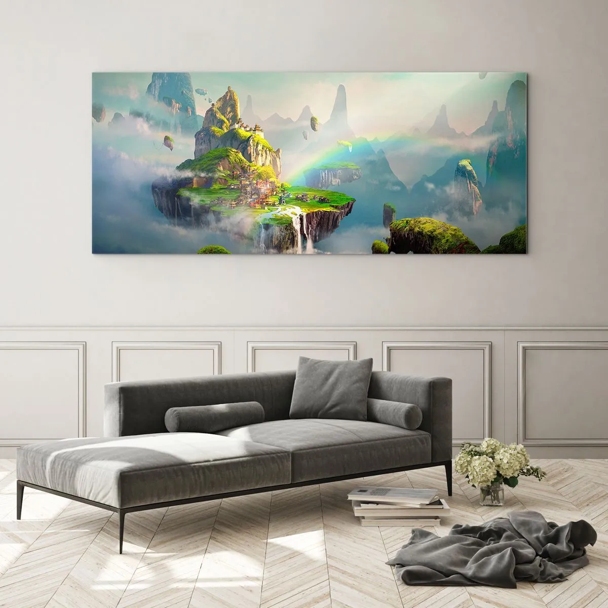 Impression sur verre - Image sur verre - Des îles volantes parmi les nuages avec un arc-en-ciel à l'horizon - 120x50cm - Au milieu des cieux - îles du bonheur - Décoration murale moderne pour le salon et la chambre ARTTOR
