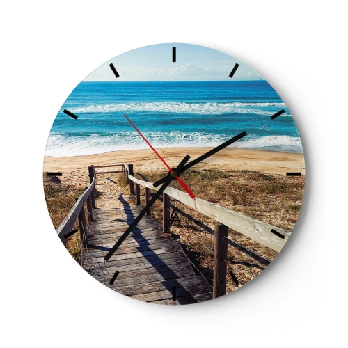 Horloge murale - Pendule murale - Une jetée en bois mène à une plage de sable au bord de l'océan bleu - 30x30cm - Cours! - Décoration murale moderne pour le salon, la cuisine et la chambre ARTTOR