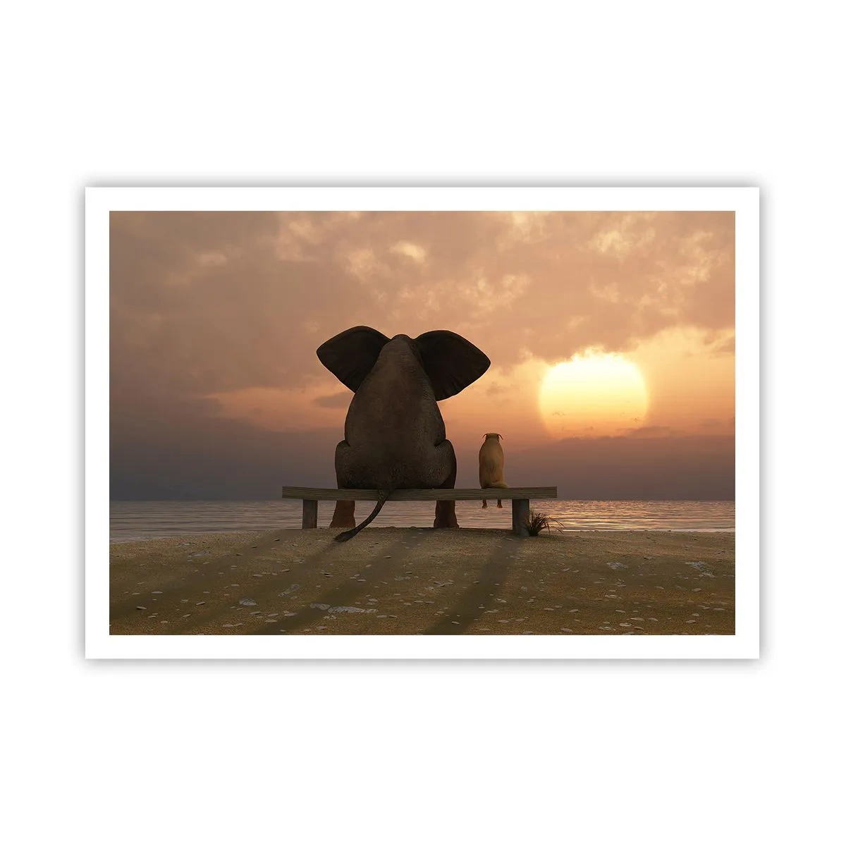 Affiche - Poster - Un éléphant et un chien sont assis sur un banc sur la plage au coucher du soleil. - 100x70cm - C'est bon de garder le silence ensemble - Décoration murale moderne pour le salon et la chambre ARTTOR