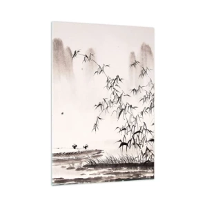 Impression sur verre - Image sur verre - Une scène minimaliste avec du bambou et un bateau sur un lac. - 50x70cm - Le silence des rizières - Décoration murale moderne pour le salon et la chambre ARTTOR