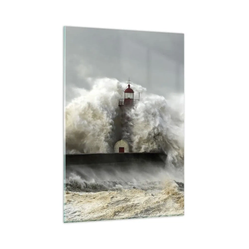 Impression sur verre - Image sur verre - Un phare entouré de vagues violentes pendant une tempête - 80x120cm - La colère de l'océan - Décoration murale moderne pour le salon et la chambre ARTTOR