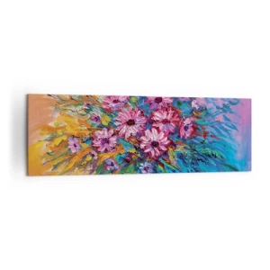 Impression sur toile - Image sur toile - Fleurs colorées dans un bouquet sur un fond de couleur pastel - 160x50cm - Énergie de la vie - Décoration murale moderne pour le salon et la chambre ARTTOR