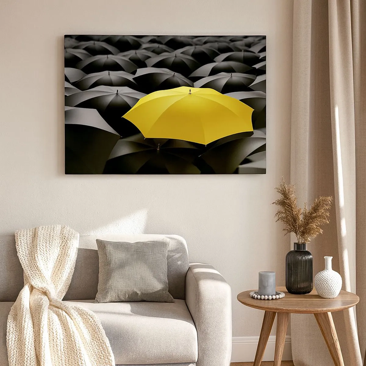 Impression sur toile - Image sur toile - Un parapluie jaune parmi des parapluies noirs - 70x50cm - Adieu chagrin - Décoration murale moderne pour le salon et la chambre ARTTOR