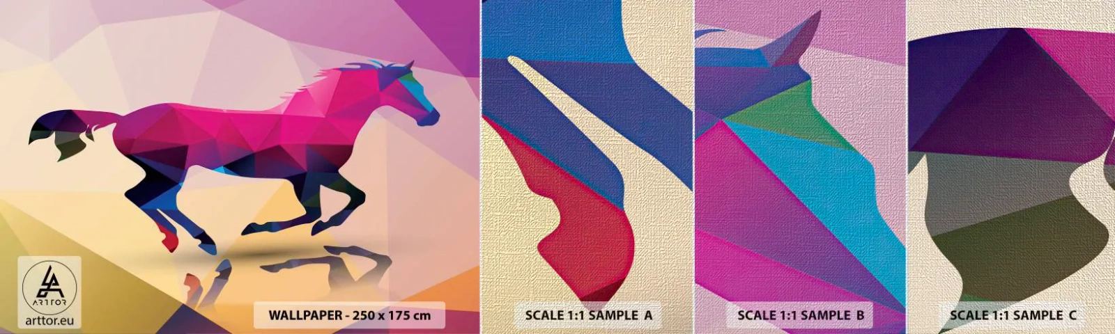 Échantillon de Papier Peint Premium Canvas - Le cubisme toujours vivant - Animaux, Cheval, Figure géométrique - 100x30 cm