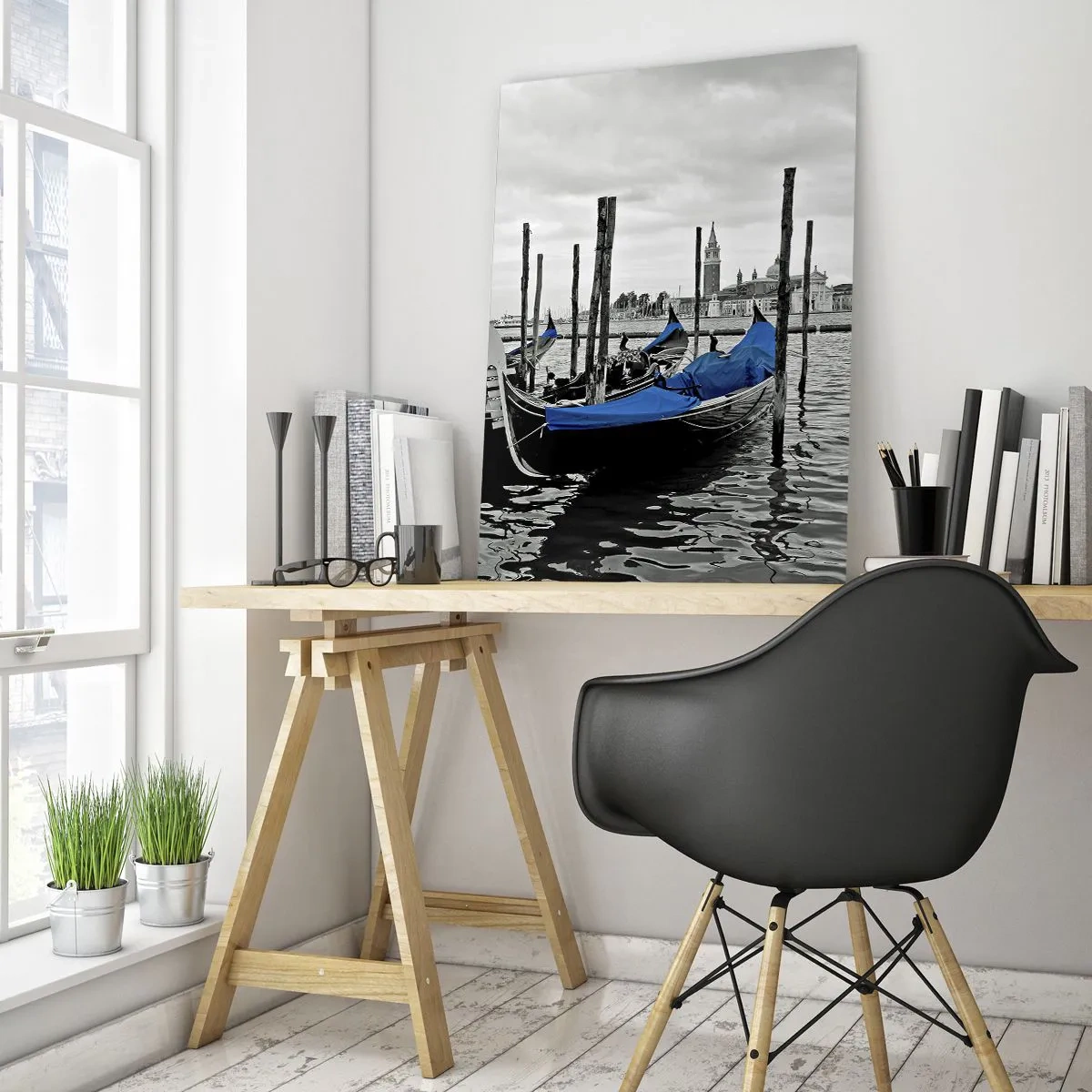 Impression sur verre - Image sur verre - Gondoles à Venise avec des couvertures bleues - 70x100cm - Venise pensive - Décoration murale moderne pour le salon et la chambre ARTTOR