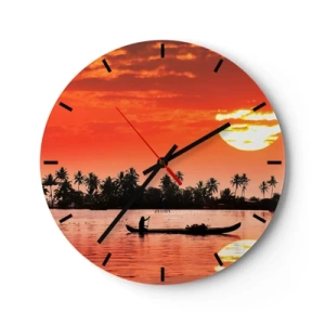 Horloge murale - Pendule murale - Un bateau sur fond de coucher de soleil tropical - 30x30cm - La tranquillité des tropiques au coucher du soleil - Décoration murale moderne pour le salon, la cuisine et la chambre ARTTOR
