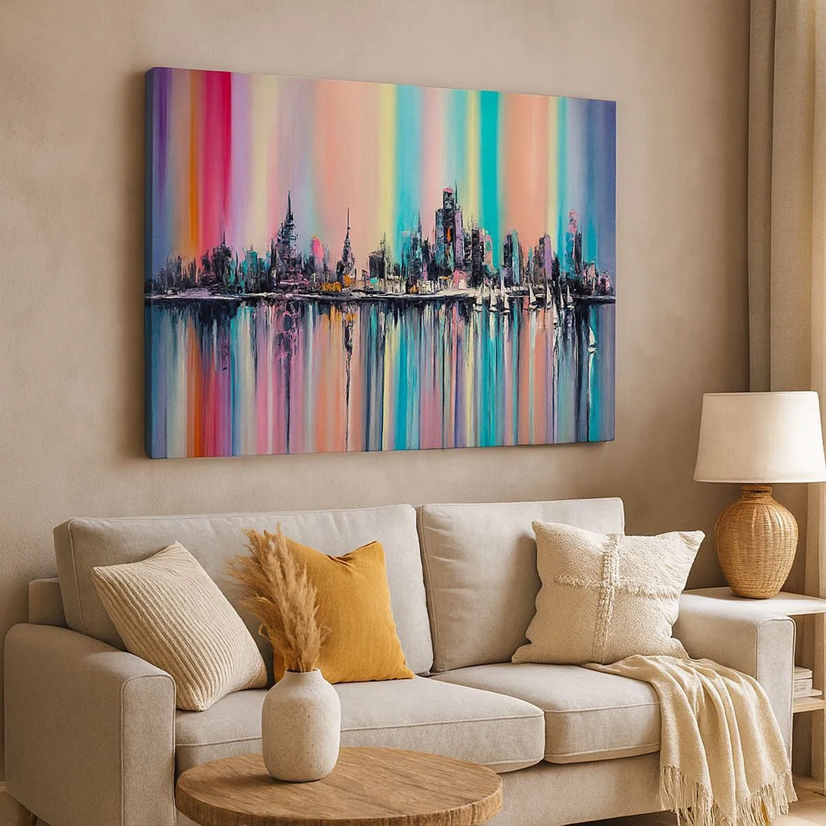 Impression sur toile - Image sur toile - Paysage urbain coloré avec reflet sur l'eau - 70x50cm - Noyé par la lumière de la nuit - Décoration murale moderne pour le salon et la chambre ARTTOR