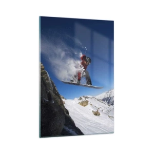 Impression sur verre - Image sur verre - Un snowboarder saute d'un rocher dans un paysage montagneux - 80x120cm - Et tu es devenu une partie de l'espace - Décoration murale moderne pour le salon et la chambre ARTTOR