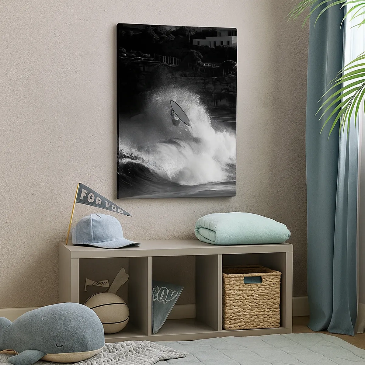 Impression sur toile - Image sur toile - Un surfeur sur une vague en monochrome - 50x70cm - Défi accepté! - Décoration murale moderne pour le salon et la chambre ARTTOR