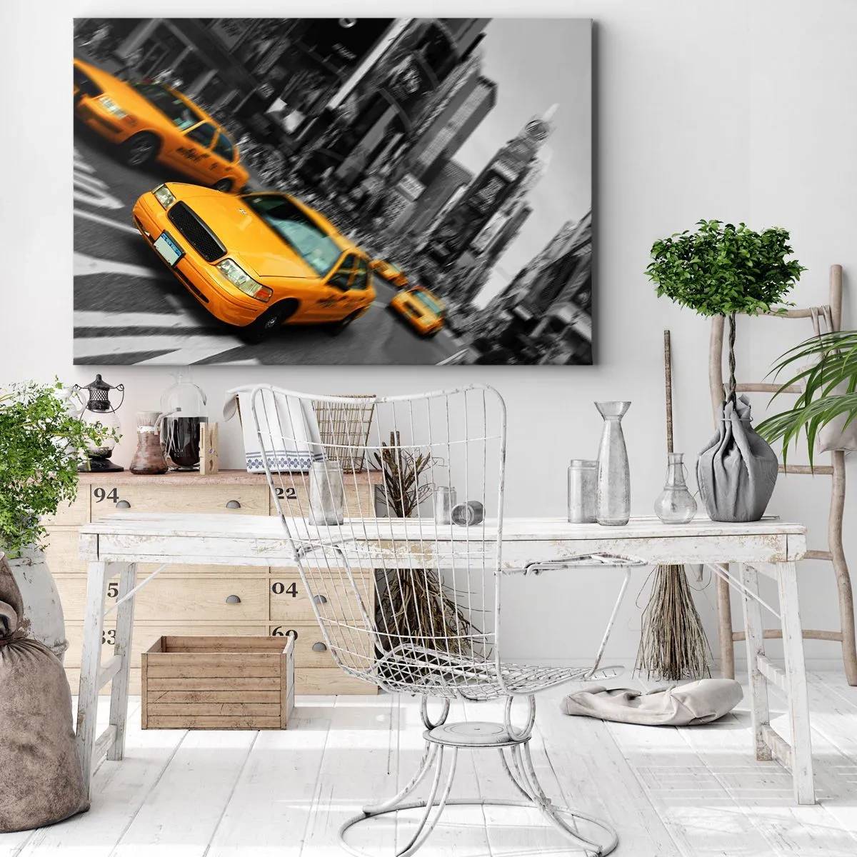 Impression sur toile - Image sur toile - Des taxis jaunes à une intersection très fréquentée de la ville - 100x70cm - Gouttes de soleil New-Yorkaise - Décoration murale moderne pour le salon et la chambre ARTTOR