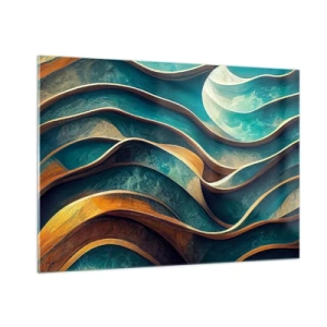 Impression sur verre - Image sur verre - Lignes dynamiques en bleu et cuivre créant des vagues - 100x70cm - Méandres de bleu - Décoration murale moderne pour le salon et la chambre ARTTOR