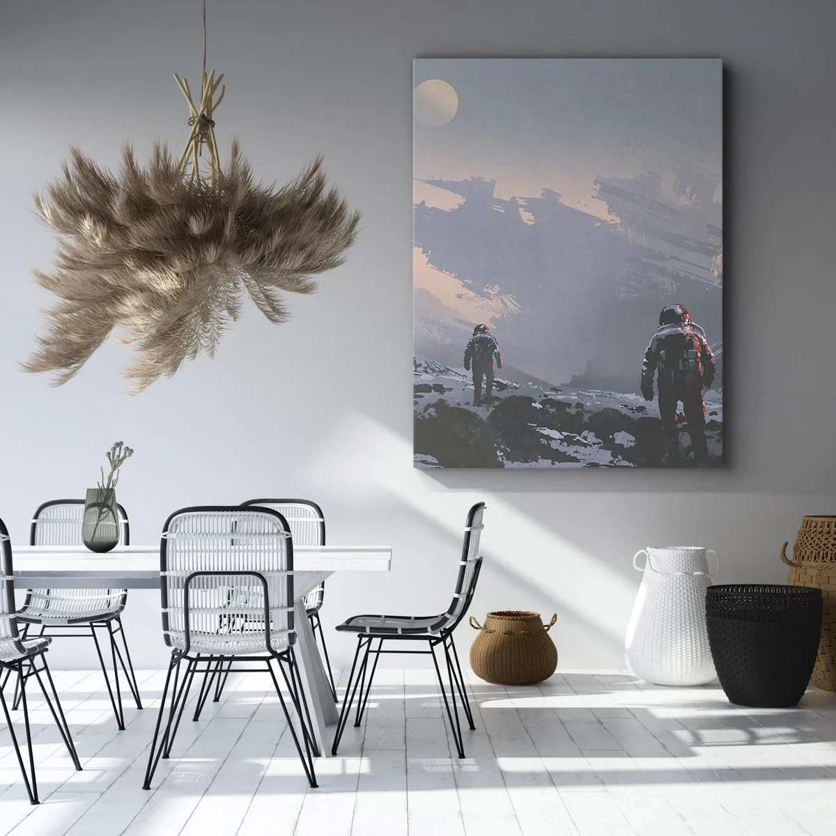 Impression sur toile - Image sur toile - Des astronautes sur une planète extraterrestre avec une épave de vaisseau spatial - 80x120cm - Sous une étoile inconnue - Décoration murale moderne pour le salon et la chambre ARTTOR