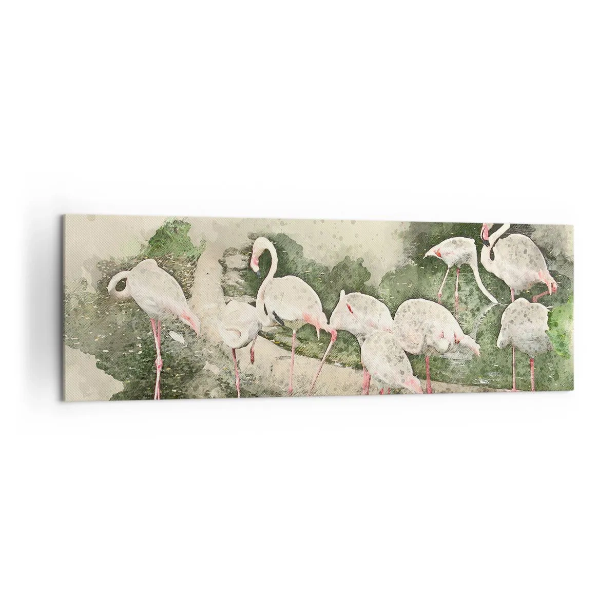 Impression sur toile - Image sur toile - Flamants roses dans leur environnement naturel dans un style aquarelle - 160x50cm - Rêve exotique - Décoration murale moderne pour le salon et la chambre ARTTOR
