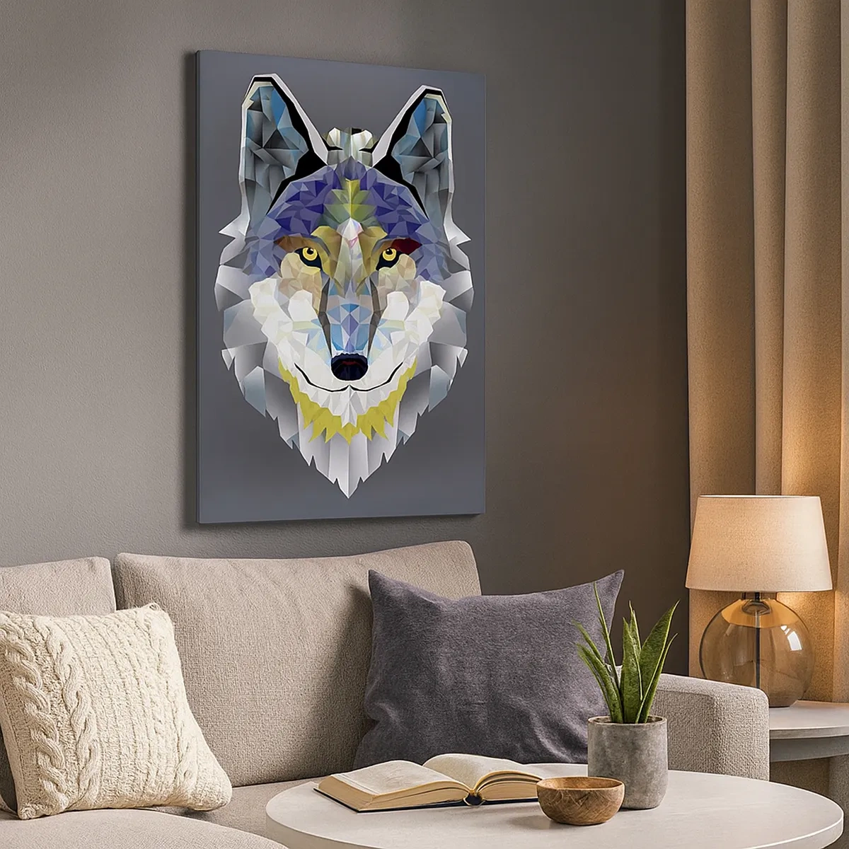 Impression sur toile - Image sur toile - Image géométrique d'un loup sur fond gris - 50x70cm - On parle du loup - Décoration murale moderne pour le salon et la chambre ARTTOR