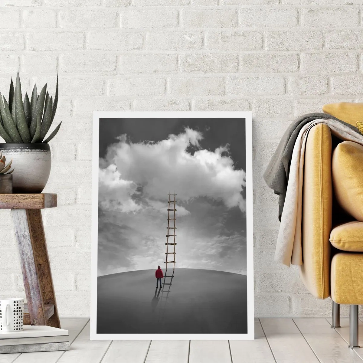 Affiche - Poster - Un homme debout près d'une échelle menant aux nuages - 50x70cm - Tout est possible - Décoration murale moderne pour le salon et la chambre ARTTOR