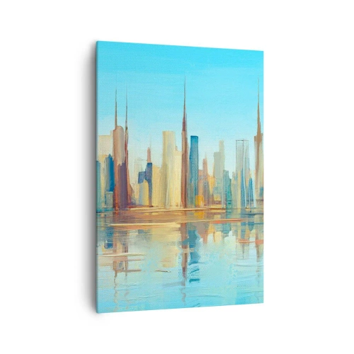 Impression sur toile - Image sur toile - Un panorama de la ville aux couleurs chaudes avec reflet dans l'eau - 70x100cm - Une métropole ensoleillée - Décoration murale moderne pour le salon et la chambre ARTTOR