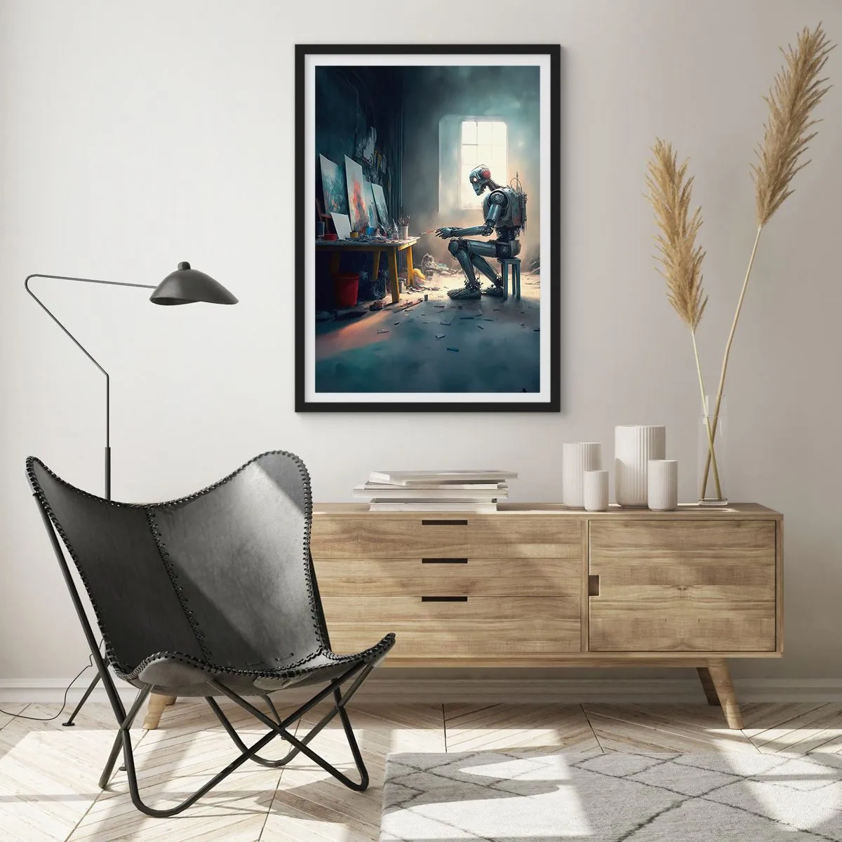 Affiche dans un cadre noir - Poster - Un robot artiste peint des tableaux dans son atelier - 50x70cm - L'acte de création - Décoration murale moderne pour le salon et la chambre ARTTOR