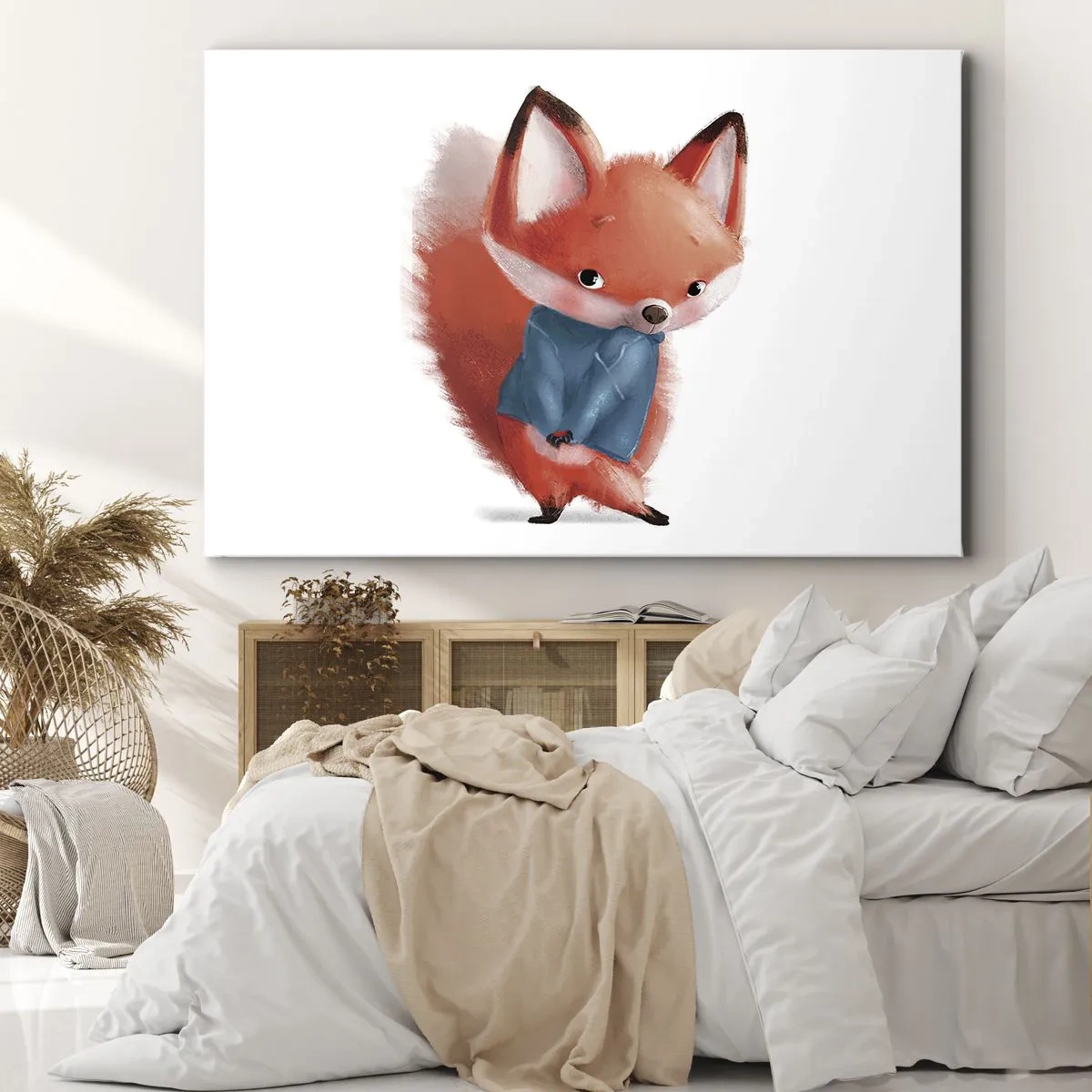 Impression sur toile - Image sur toile - Un renard mignon dans un costume bleu - 120x80cm - Est-ce que ça me va? - Décoration murale moderne pour le salon et la chambre ARTTOR